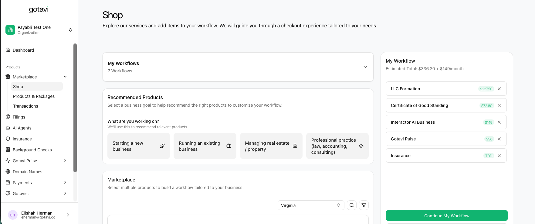 Gotavi Entity Formation Portal interface showing business filings, registered agent status, and document center