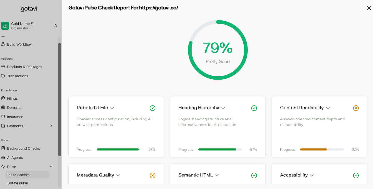Gotavi Pulse AEO Scanner interface showing AI readability score, entity graphs, and schema recommendations