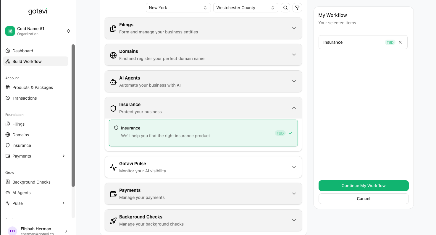 Gotavi Insurance Dashboard interface showing active policies, certificate of insurance generation, and carrier coverage